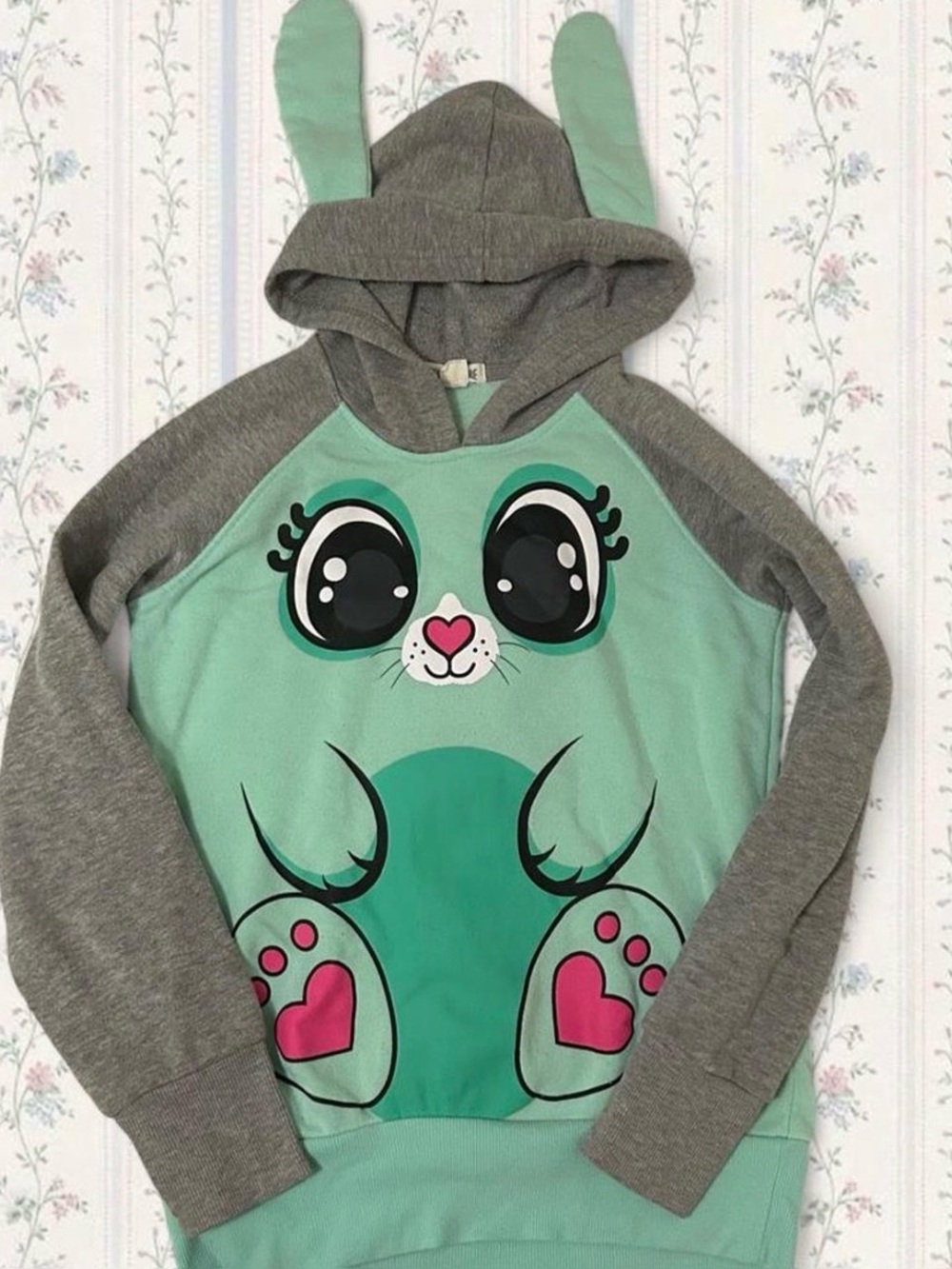 Funzietime Kids Bunny Hoodie Sweatshirt - Mint teal  & Gray